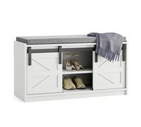 Mondeer Banco de almacenamiento de zapatos, banco de entrada de 2 niveles con puerta corrediza de granero y cojín de asiento extraíble, para entrada, pasillo, dormitorio, 90 x 45 x 35 cm, color blanco