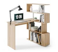 Mondeer - Escritorio de Ordenador con Estante de Almacenamiento de Cuatro Niveles, Mesa de Trabajo para Ordenador y Mesa de Estudio, 157 x 45 x 130,5 cm, Color Blanco y Grano de Madera