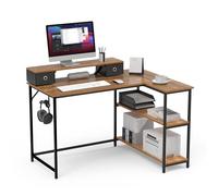 Mondeer Escritorio en Forma de L de 120 cm, Escritorio esquinero con estantes de Almacenamiento Reversibles, Soporte extraíble para Monitor con 2 cajones, Estilo Industrial para Oficina en casa,