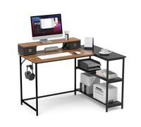 Mondeer Escritorio en Forma de L de 120 cm, Escritorio esquinero con estantes de Almacenamiento Reversibles, Soporte extraíble para Monitor con 2 cajones, Estilo Industrial para Oficina en casa,