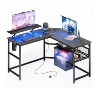 Mondeer Escritorio para Videojuegos en Forma de L, 130 x 130 cm, con Luces LED, 2 Tomas de Corriente y 2 Puertos USB, Escritorio esquinero Reversible con Estante de Almacenamiento, para Oficina en