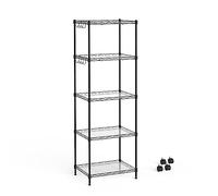 Mondeer Estantería, Estantería de Almacenamiento de Alambre, 5 Niveles, con 8 Ganchos y 4 Ruedas, con Divisores de PP, Altura Ajustable, para Cocina Cuarto de Baño Salón Balcón, Negro
