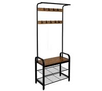 Mondeer Meerveil Perchero vintage industrial, zapatero con asiento, estructura de metal con 9 ganchos extraíbles, 2 estantes de rejilla, 72 x 34 x 183 cm, color marrón retro-negro
