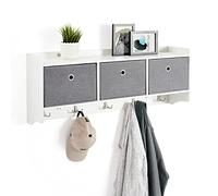 Mondeer - Perchero con Estante, Mueble de Almacenamiento montado en la Pared con 3 cestas y 5 Ganchos, de Madera, Estilo Moderno, para Pasillo, Entrada, salón, 98 x 40 x 22 cm, Color Blanco