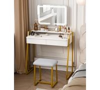 Mondeer Tocador de Maquillaje con Espejo y Luz LED, Iluminación Ajustable, Mesa de Maquillaje con Taburete, 2 Cajones de Almacenaje y Estantes, Estructura de Metal, para Dormitorio, Blanco y Dorado