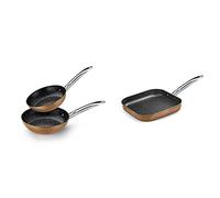 Monix Copper - Set de 2 Sartenes Efecto Cobre, 20-24 cm, Aluminio Forjado + Copper - Grill con rayas 28 x 28 cm de aluminio forjado con antiadherente con partículas de titanio
