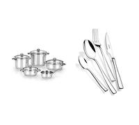 Monix Optima 2 Batería de 4 piezas Acero INOX 18/10 Apta para Todo Tipo de Cocina e inducción: Olla 20 cm + Siena Set de cubiertos de 24 piezas con cuchillo chuletero, acero inoxidable 18/10