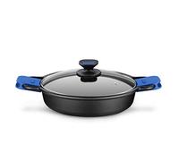 MONIX Solid+ | Cacerola Baja, Tapa de Cristal y Asas de Silicona, 2 litros, Aluminio Fundido, Negro y Azul, 24 cm