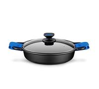 MONIX Solid+ | Cacerola Baja, Tapa de Cristal y Asas de Silicona, 7 litros, Aluminio Fundido, Negro y Azul, 36 cm