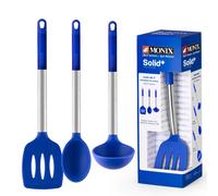 Monix Solid Plus - Set 3 Utensilios o Accesorios de Cocina. Cuchara, cazo y espátula de acero inoxidable y silicona azul