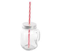 Monouso | 1 Jarra con Tapa y Pajita, 450ml, Transparente, Tapa Metálica, Vaso con Asa, Jarra para Limonada, Smoothies, Cristal