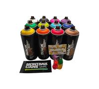 Montana Black - Juego de 12 Pinturas en Aerosol de 400 ml para Arte Callejero de Graffiti + 6 Cabezales de Repuesto