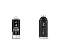 Montana Colors Barniz Acrílico, Spray 400ml, Transparente Satinado, 400 ml (Paquete de 1) & MTN Hardcore Negro Satinado, Spray 400ml