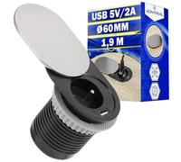 MONTERAL Enchufe Empotrable Mesa Tipo Francés - Enchufe Retractil con USB 5V/2A y Tapa - para Agujero Ø 60 mm - con Cable de Alimentación de 1,9 m - Garantía de 10 Años
