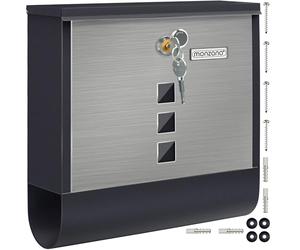 MONZANA® Buzón Correos Exterior Buzones Cartas Pared 31x10x34 cm Acero Inoxidable Porta_Periódicos 2 Llaves Negro-Plata