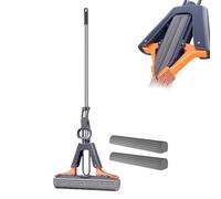 Mopa de Esponja con Rodillo con 2 recambios de fregona absorbentes, fregonas de Esponja autoapretables con Mango Ajustable de Acero Inoxidable para Limpieza de Suelos