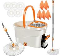 Mopa de microfibra con juego de cabezales de repuesto - Cosechadora centrífuga - 5 cabezales de repuesto de microfibra - Varilla extensible de 145 cm - Función de drenaje