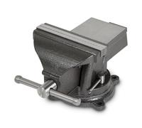Mordaza de hierro fundido con martillo, con mordazas de 150 mm de ancho, 152 mm de altura total, giratoria 360°, plato de 123 mm de diámetro y una capacidad de sujeción máxima de 100 mm