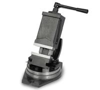 Mordaza giratoria e inclinable para máquinas, fabricada en acero fundido, con una máxima abertura de 80 mm, una anchura de mordazas de 100 mm, y diseñada para uso con taladros