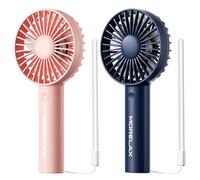 Morelax 2 ventiladores de mano, ventilador portátil con 3 velocidades, ventilador pequeño USB recargable con base de mesa, mini ventilador de mano para viajes, oficina, hogar, exterior (Rosa) (Azul)