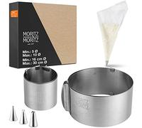 Moritz & Moritz Aro reposteria ajustable acero inoxidable - Regulación sin escalonamiento - Aro ajustable reposteria molde ajustable tarta para hornear y decorar - 10 mangas pasteleras y 3 boquillas