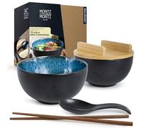 Moritz & Moritz Juego de 2 cuencos Ramen de cerámica, azul reactivo con tapa y cuchara, color negro, para 2 personas, para sopa, pho y sushi Bowl