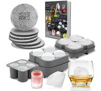 Moritz & Moritz Juego de 3 recipientes para cubitos de hielo: molde de silicona para 12 cubitos en forma de bola, diamante y para chupito. Incl. 6 bases y libro de recetas