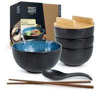 Moritz & Moritz Juego de 4 cuencos de Cerámica Ramen azul reactivo con tapa y cuchara, color negro, para 4 personas, para sopa, pho y sushi Bowl