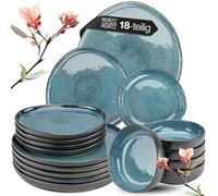 Moritz & Moritz Juego de vajilla de gres para 6 personas, color azul, 18 piezas, juego compuesto por 6 platos de cena, 6 platos de postre, 6 platos hondos, serie Organic