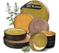Moritz & Moritz VIDA vajillas completas de 18 piezas - platos vajilla en tonos vintage de amarillo, verde y rojo - 6 platos llanos, 6 platos hondos, 6 platos de desayuno