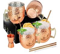 Moscow Mule - Juego de vasos de cobre con 4 vasos premium Moscow Mule de 54 cl/540 ml, 4 vasos de acero inoxidable chapado en cobre, ideal para cócteles, bebidas frías con doble jigger/medidor de 1