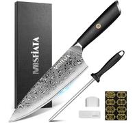 MOSFiATA Cuchillo de Cocina Damasco 20 cm Cuchillo Chef | Núcleo 10Cr15CoMoV, Mango G10 Ergonómico, Dureza HRC 62+, Ángulo de Hoja 12°, Incluye Chaira