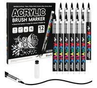 MOTIBACK 12 piezas de marcador de acrílico de tinta directa blanco y negro, marcadores de agua con punta de pincel suave resistentes para arte, papel negro de diario de viñetas, marcador de acrílico