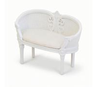 MotiveTech Sillón Casa Muñecas con Cojín Tallado Sofá Casa Muñecas con Cojín Vintage Mueble para Maquetas, Sofá Doble Blanco con Tallado Retro Y Superficie De Ratán