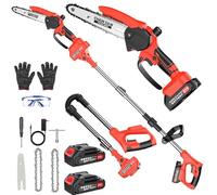 Motosierra Batería Sin Cable, 2 en 1 Mini Motosierra y Podadora de Pértiga, con 2 Baterías de 1500mAh, Sierra de Poda Telescópica Eléctrica, Guantes para Podar Arboles Patio de Jardín árboles, Rojo