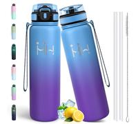 Motswedi Botella Termica 1 Litro, a Prueba de Fugas, Botella agua Acero Inoxidable, con 6 Pajas, Cantimplora Termica, Termo agua, para Gimnasio, Viajes, Senderismo, Deportes, Azul cielo & Morado