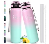 Motswedi Botella Termica 1 Litro, a Prueba de Fugas, Botella agua Acero Inoxidable, con 6 Pajas, Cantimplora Termica, Termo agua, para Gimnasio, Viajes, Senderismo, Deportes, Rosa claro & Verde claro