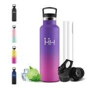 Motswedi Botella Termica 500ml, con Pajita, Botella Agua Acero Inoxidable, Cantimplora Termica, 12h de Bebida Caliente y 24h de Bebida Fría, para Escuela, Yoga, Oficina, Morado oscuro & Fucsia