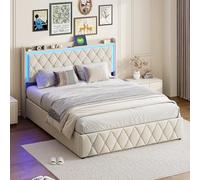 MOTUZP Cama Juvenil 140x200 de Terciopelo con Gran Almacenaje Inferior, Base Tapizada con Canapé Abatible y Estante en Cabecero, Mueble Ahorro de Espacio, Color Beige Elegante, Sin Colchón
