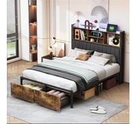 MOTUZP Cama tapizada para cama doble de 140 x 200 cm, cama funcional con luz LED y conexión USB, cajonera con cajones, cama juvenil, somier (cajón doble+USB, 140 x 200 cm)