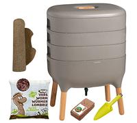 Moutta I Urbalive 3 Bandejas Gris, Kit Completo I Diseño Vermicompostaje I 500g lombrices / 1000 uds. I Sustrato Inicial I Estera de cáñamo + Pala I Interior, balcón y jardín