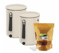 Moutta | Set de 2 Cubos Bokashi Organko 2 Blanco (9,6L) | Compostador orgánico con compactador + 1 kg de Activador de Fermentación EM-1