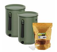 Moutta | Set de 2 Cubos Bokashi Organko 2 Oliva (9,6L) | Compostador orgánico con compactador + 1 kg de Activador de Fermentación EM-3