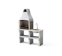 MOVELAR - Barbacoa de Obra Prefabricada de Leña y Carbón Modelo New Iberia Plus XL con Soporte Lateral y Fregadero (Gris, Beige - 128 x 47 x 190 cm) REF: M00471-Cocina de Exterior para Jardín o Patio