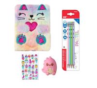 MP - Diario Libreta Niña Gato Pelo - Bolsa de Regalo - 4 Lápices Pastel - Sacapuntas Rosa - Pegatinas Pink