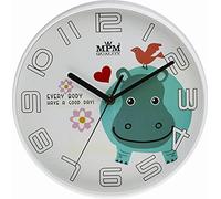 MPM - Reloj de Pared Infantil de plástico, diseño de hipopótamo, Color Blanco y Colorido, Ideal para habitación Infantil, Motor Paso a Paso de Cuarzo, para niños y niñas