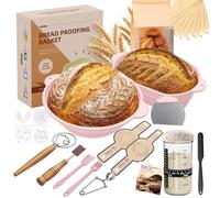 MQUPIN Kit de iniciación de masa madre de 30 piezas, cesta redonda de 28,65 cm y ovalada de 29,5 cm, tarro de masa madre de 730 ml, accesorios de fabricación de pan de silicona de grado alimenticio
