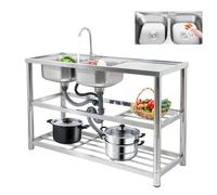 Mqwdxzfes Fregadero doble de acero inoxidable con 2 lavabos, fregadero de cocina con 2 lavabos, fregadero de gran volumen, fregadero de cocina, lavabo comercial, para cocina, camping y exterior