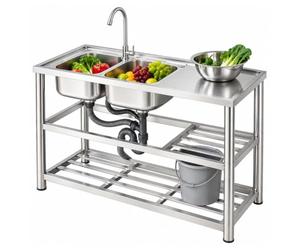 Mqwdxzfes Fregadero Inoxidable independiente 120cm con 2 Senos, 3 Niveles | Fregadero Portatil Con Dos Senos De 33x33cm, Grifo Giratorio 360° Y Capacidad De 100kg, Para Cocina Y Exterior