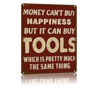 MQXFCZUX Aluminum Metal Wall-Art Sign Vintage Look With Funny Garage Quote Money Cant Buy Happiness But Tools Print For Workshop Shed 8 X 12 in